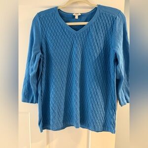 Talbots  Blue Cotton Textured V-Neck 3/4 Sleeve Pullover Sweater Sz L